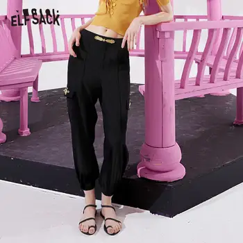 ELFSACK Black Solid Kinesiske Smart Spænde Afslappet Kvinder Harem Bukser 2020 Sommeren ELF Ren Vintage koreanske Damer Daglige Arbejde Bunden
