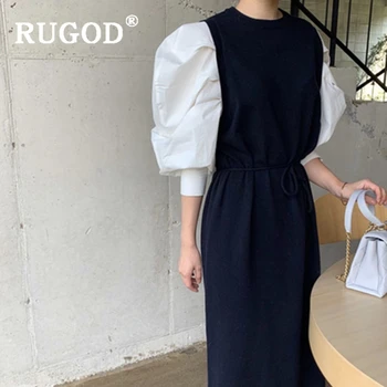 RUGOD Elegante kontor damer patchwork lang kjole Mode rund hals puff ærmer bomuld kniplinger op vinter kjoler vestidos 2019