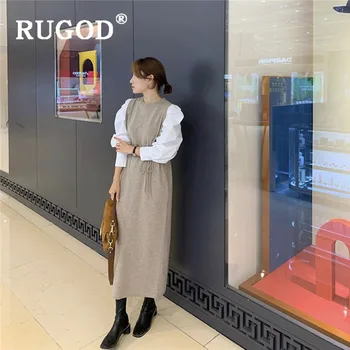 RUGOD Elegante kontor damer patchwork lang kjole Mode rund hals puff ærmer bomuld kniplinger op vinter kjoler vestidos 2019