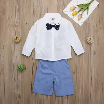 2019 Helt Nye Herre Mode Spædbarn Baby Drenge Tøj Sæt Bue Hvid Langærmet Enkelt Breasted Shirts+Blå Overalls, Bukser