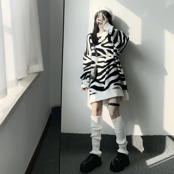 Efteråret og vinteren koreanske version ins retro zebra mønster dovne sweater kvinder løs mid-længde kvinders top trend