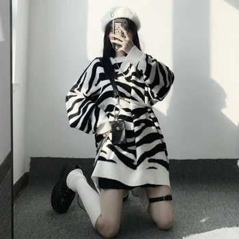 Efteråret og vinteren koreanske version ins retro zebra mønster dovne sweater kvinder løs mid-længde kvinders top trend