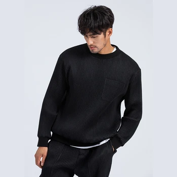 IEFB streewear Japansk mode plisserede sweatshirts til mænd homestead jacquard efterår og vinter tyk lomme O-hals trøjer Y4329