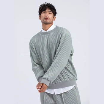 IEFB streewear Japansk mode plisserede sweatshirts til mænd homestead jacquard efterår og vinter tyk lomme O-hals trøjer Y4329