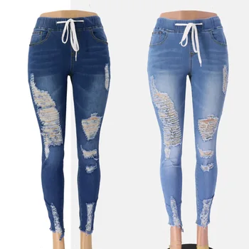 Casual Jeans Rippet Denim Blyant Bukser Hul Streetwear Høj Talje Bukser, Tynde Tøj Til Kvinder