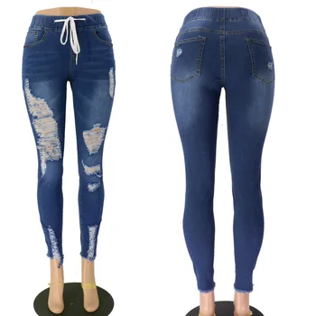 Casual Jeans Rippet Denim Blyant Bukser Hul Streetwear Høj Talje Bukser, Tynde Tøj Til Kvinder