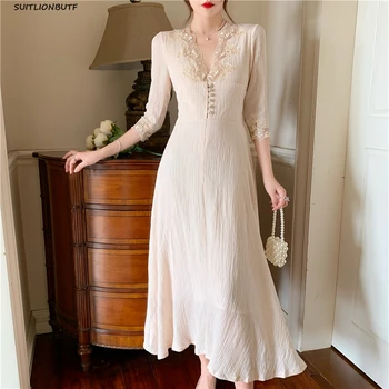 Vintage 2020 Tidlige Efterår Kvinder Sexet Kjole Dyb V-hals Lace Trykt Slank Part Kjole Elegant Empire Vestidos koreanske Robe Femme