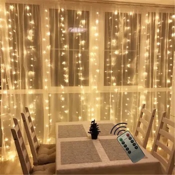 Gardin LED 3x3m 300led string lys USB-fe icicle kobber ledning, fjernbetjening, Jul, bryllup haven vindue inde