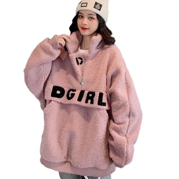 2020 Oversized Sweatshirt Hættetrøjer Kvinder Imiteret Lam Hår Harajuku Riverdale Manteau Femme Hiver Pels Streetwear Pink Tøj