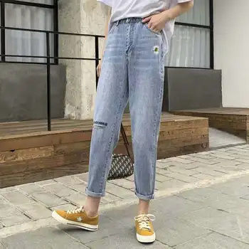 Broderet Blomst Breve vintage denim bukser kvinder slidte jeans for kvinder, mødre kæreste nødlidende jeans ankel længde C522