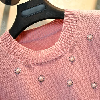 2020 Tidlige Forår Håndlavet Perle Diamant Sæt Pink kortærmet Pullover rund Hals Sweater Kvinder