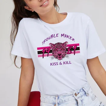 BLINGPAW Pink Leopard Trouble Maker Bogstaver, Print T-shirt Harajuku dyreprint Afslappet O-Hals Hvid Bomulds T-Shirt til Kvinder Tøj