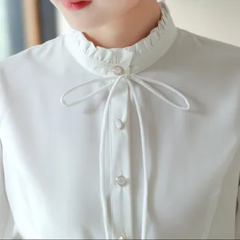 Ny Mode Professionel Hvid Skjorte Kvinder Med Lange Ærmer Overalls Bluser Vilde Bunden Stå Krave Bue Toppe
