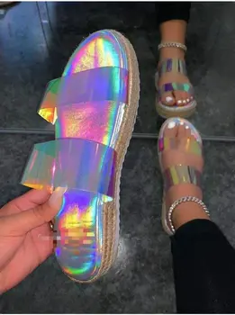 2021 sommeren nye double-layer gennemsigtig PVC kvinder sko flad hæl øget non-slip udendørs beach sandaler alle-match tøfler