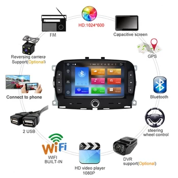 For Fiat 500 2016-2019 7 Inch 2 Din Android-Car Multimedia-Afspiller, WIFI Navigation GPS, Auto Stereo Head Unit WIFI SWC FM