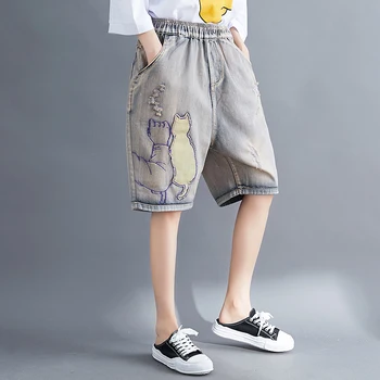 Kvinder Sommer Mode Korea Style Vintage Tegnefilm Patchwork Hule Ud Elastisk Empire Talje Jeans Kontor Dame Casual Chic Bukser