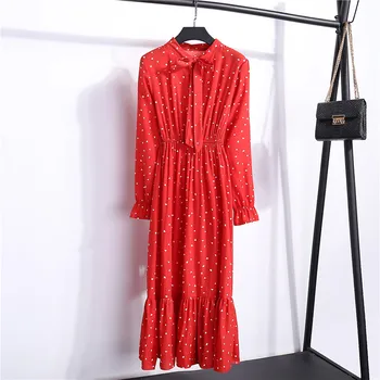 2020 Koreanske Sort Skjorte Vestidos Kontor Polka Dot Vintage Efteråret Kjoler Kvinder Dresss Pring Midi Blomster Med Lange Ærmer Kjole Kvindelige