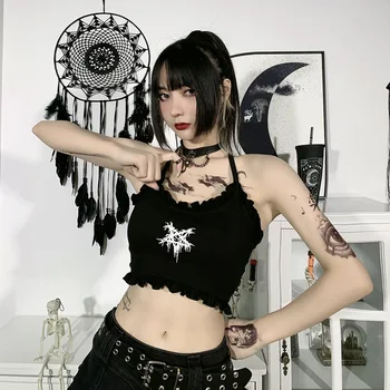 Gotisk Sort Camis Pentagram Print Harajuku Spaghetti-Stropper På Tværs Af Camisole Punk Sexet Ryg Kvinder Sommeren Cropped Toppe