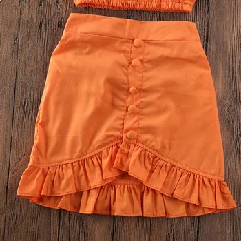 Emmababy 1-6Y 2STK Kids Baby Piger Tøj Sæt Orange Fra Skulder Toppe Afgrøde Flæsekanter A-Line Nederdel Outfit