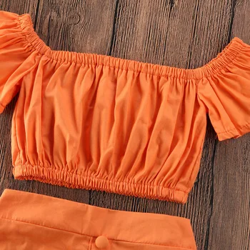 Emmababy 1-6Y 2STK Kids Baby Piger Tøj Sæt Orange Fra Skulder Toppe Afgrøde Flæsekanter A-Line Nederdel Outfit