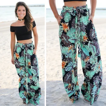 Oufisun Sommeren Kvinder Blomstret Print, Bred Ben Bukser, Casual Beach Style Løse Bukser Sommer Mode Snøre Kvindelige Bukser