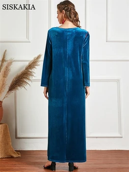Langærmet Velvet Broderi Maxi Kjole til Kvinder Vinteren 2020 Elegante Muslimske Dubai arabisk Marokkansk Tøj Plus Size Nye Blå