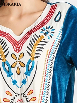 Langærmet Velvet Broderi Maxi Kjole til Kvinder Vinteren 2020 Elegante Muslimske Dubai arabisk Marokkansk Tøj Plus Size Nye Blå