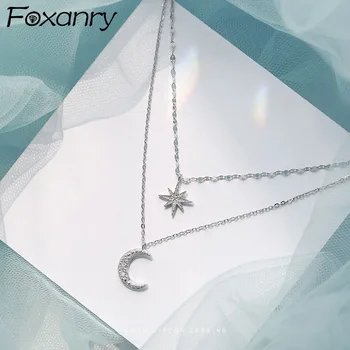 Foxanry 925 Sterling Sølv Kæde halskæder for Kvinder Nye Mode Skinnende Måne, Stjerne Vedhæng Kravebenet Kæde Brudens Smykker Gave