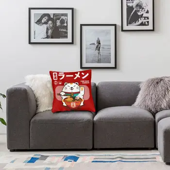 Fortune Ramen Firkantet Pude Tilfælde Polyester Puder til Sofa Maneki Neko Japan Lucky Cat Sjovt Pudebetræk
