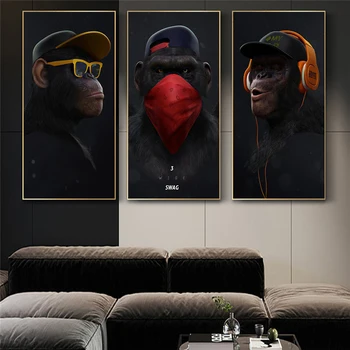 Væg Maleri Plakat og Print på Lærred Væg Kunst, Billeder, Animal Chimpanser med Hovedtelefon og Solbriller til stuen Home Decor
