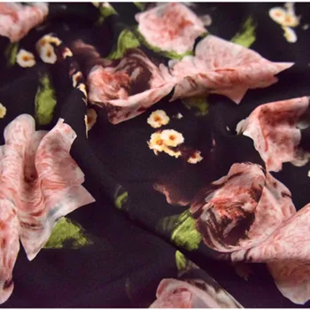En halv Meter Nye Ankomst Sort Bund Med Elegante Stor Blomst Print Chiffon Stof Til Kjole Skjorte Iady Kappe Materiale T1366
