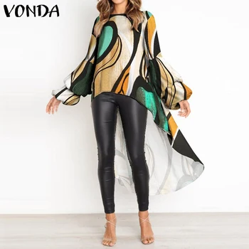 2021 VONDA Mode Asymmetriske Toppe til Kvinder Lanterne Ærmet Bluse O-Hals Lange Skjorter Kvindelige Casual Blusas Plus Boheme Tunika