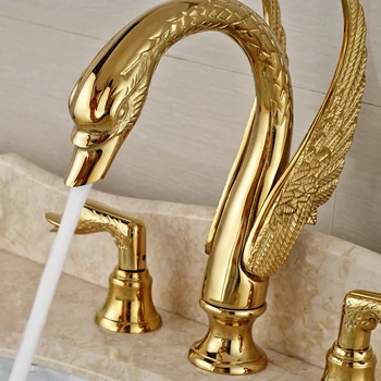 Luksus Badeværelse Hane Messing Guld Finish Golden Swan Form Bassin Tryk Dobbelt Håndtag Dæk Mount Blandingsbatteri Synker Vandhaner