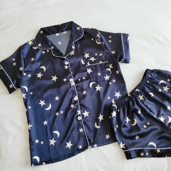QWEEK Silke Pyjamas for Kvinder Pyjama Satin Femme Print Natkjole Sæt Kvindelige Pijama Hjem Passer til Nattøj Shorts og Top