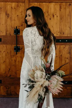 Boho Land, Blonder brudekjoler 2020 robe de mariee langærmet Bryllup Operationskitler En Linje Sexy V Hals Side Split Brude Kjole