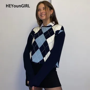 HEYounGIRL Efteråret Argyle Plaid Strik Sweater Kvinder Preppy Stil Langærmet Pullover Casual Mode Varm Jumpere Damer 2020