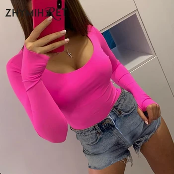 ZHYMIHRET 2020 Efteråret Neon Farve Bodysuit Kvinder Rompers Lange Ærmer O-Hals Kort Buksedragt Kvindelige Tynde Krop Mujer