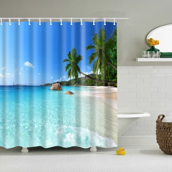 Moderne Havet Strand natur print badeforhæng Blå Badeværelse 3D Blackout badeforhæng 180 x 200 cm Store til badeværelse Gardin