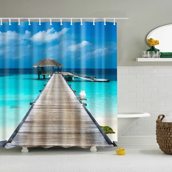 Moderne Havet Strand natur print badeforhæng Blå Badeværelse 3D Blackout badeforhæng 180 x 200 cm Store til badeværelse Gardin