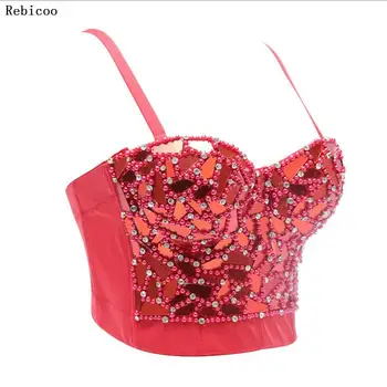 Pink Perle Kvinders Bra 2020 Sommeren Bustier Kostume Diamant Push Up Night Club Party Bralette Cropped Top-Vest Plus Size Stretch