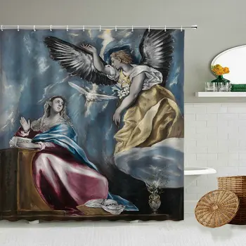 Himlen Angel Badeforhæng Middelalderlige Akvarel Kunst Maleri Badeværelse Vandtæt Polyester Skærmen Hjem Dekoration Med Krog