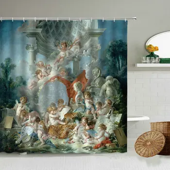 Himlen Angel Badeforhæng Middelalderlige Akvarel Kunst Maleri Badeværelse Vandtæt Polyester Skærmen Hjem Dekoration Med Krog