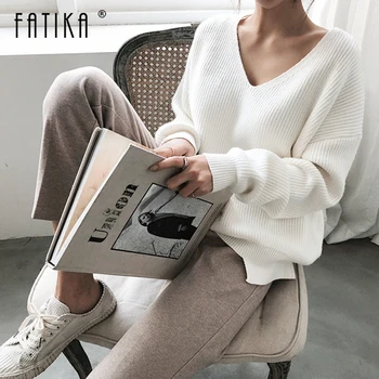 Fatika Nye Womens Sweater Med V-Hals Minimalistisk Toppe Fashionable Uregelmæssige Hem Strikke Casual Solid Springere, Forår, Vinter