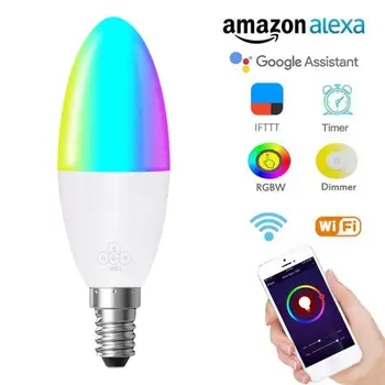 Nye Stearinlys Form Smart RGB Wifi Pære E27 E14 B22 Intelligent LED Pære Lysdæmper Lampe Kompatibel Med Alexa, Google Startside