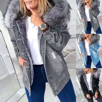 Vinteren Kvinder Med Lange Ærmer Faux Fur Hood Plys Jakke Rippet Knapper Denim Pels