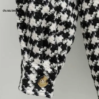 Kvinder i sort og hvid houndstooth overdimensionerede tweed jakke af uld blanding plaid shirt pels kontrolleret overshirt tøjet overtøj C 137