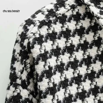 Kvinder i sort og hvid houndstooth overdimensionerede tweed jakke af uld blanding plaid shirt pels kontrolleret overshirt tøjet overtøj C 137