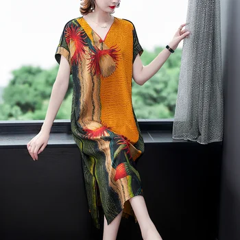 2021 Sommeren Høj Kvalitet Mulberry Silke Kjole Mode Vintage Print 4XL Plus Size Bane Midi-Kjole til Elegante Kvinder Bodycon Vestido