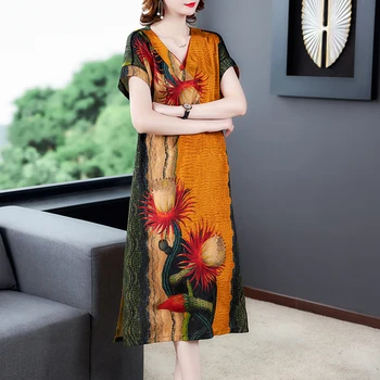 2021 Sommeren Høj Kvalitet Mulberry Silke Kjole Mode Vintage Print 4XL Plus Size Bane Midi-Kjole til Elegante Kvinder Bodycon Vestido