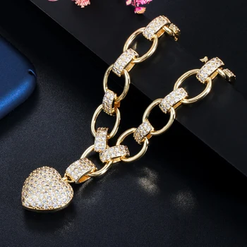 BeaQueen Luksus Designer Fuld Cubic Zirconia Banet Kærlighed Hjerte Passer Perler Armbånd til Kvinder Gul Guld Farve Smykker B179